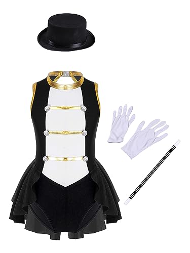 Vxuxlje Mädchen Dompteurin Zirkus Teiliges Kostüm Mit Hut Zauberstab Handschuhe Karneval Halloween Outfit Großer Künstler Tutu Ballettkleid Verkleidung Cosplay Schwarz 110-116 von Vxuxlje