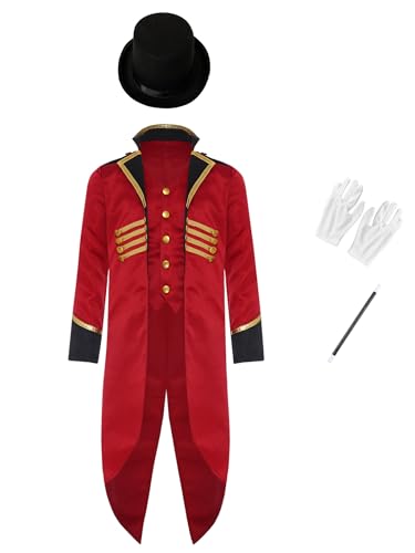 Vxuxlje Mittelalterliches Halloween Kostüm Für Kinder Steampunk Frack Jacke Mit Hut Zubehör Für Zauberer Handschuhe Mittelalter Gothic Viktorianisch Karneval Burgund 146-152 von Vxuxlje
