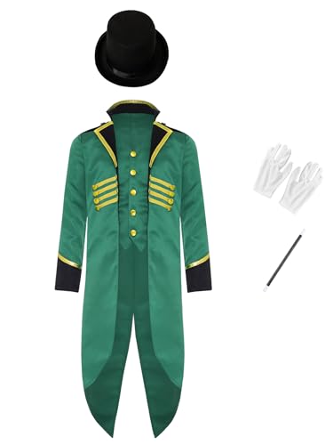 Vxuxlje Mittelalterliches Halloween Kostüm Für Kinder Steampunk Frack Jacke Mit Hut Zubehör Für Zauberer Handschuhe Mittelalter Gothic Viktorianisch Karneval Grün 146-152 von Vxuxlje