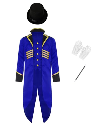 Vxuxlje Mittelalterliches Halloween Kostüm Für Kinder Steampunk Frack Jacke Mit Hut Zubehör Für Zauberer Handschuhe Mittelalter Gothic Viktorianisch Karneval Königsblau 122-128 von Vxuxlje