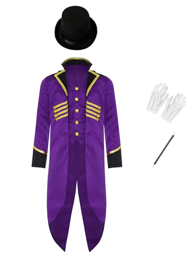 Vxuxlje Mittelalterliches Halloween Kostüm Für Kinder Steampunk Frack Jacke Mit Hut Zubehör Für Zauberer Handschuhe Mittelalter Gothic Viktorianisch Karneval Lila 146-152 von Vxuxlje