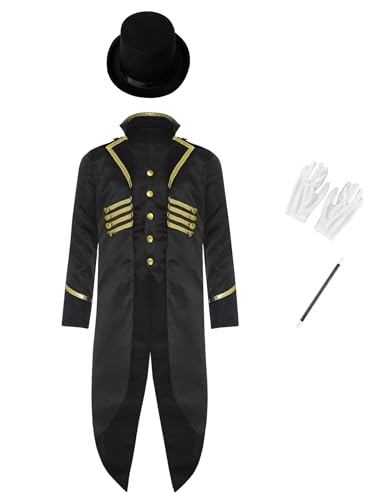 Vxuxlje Mittelalterliches Halloween Kostüm Für Kinder Steampunk Frack Jacke Mit Hut Zubehör Für Zauberer Handschuhe Mittelalter Gothic Viktorianisch Karneval Schwarz 122-128 von Vxuxlje