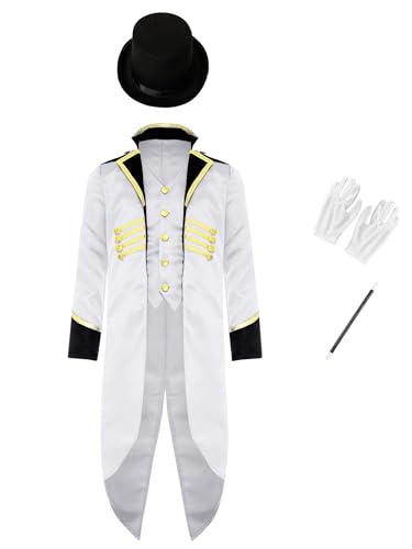 Vxuxlje Mittelalterliches Halloween Kostüm Für Kinder Steampunk Frack Jacke Mit Hut Zubehör Für Zauberer Handschuhe Mittelalter Gothic Viktorianisch Karneval Weiß 158-164 von Vxuxlje
