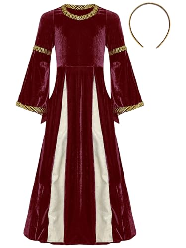 Vxuxlje Mittelalterliches Renaissancekleid Viktorianisches Gotisches Mittelalterkleid Prinzessinnenkleid Mit Kopfbedeckung Halloween Karneval Kostüm Cosplay Burgund 134-140 von Vxuxlje