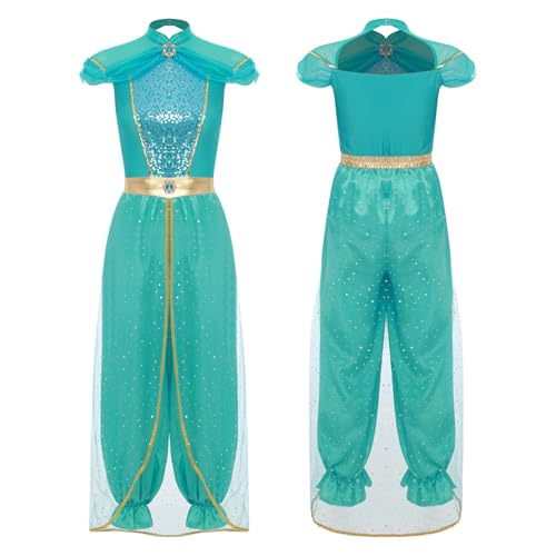 Vxuxlje Prinzessin Kostüm Damen Mit Pailletten Jumpsuit Prinzessin Arabischer Tanz Bauchtanz Kostüm Halloween Cosplay Hellblau XXL von Vxuxlje