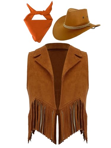 Vxuxlje S S Hippie Kostüm Set Kinder Junge Mädchen Wildleder Fransen Weste Schal Western Hut Indianer Kostüm Braun Orange 122-128 Vxuxlje S S Hippie Kostüm Set Kinder Junge Mädchen Wildleder Fransen Weste Schal Western Hut Indianer Kostüm Braun Orange 122-128 von Vxuxlje