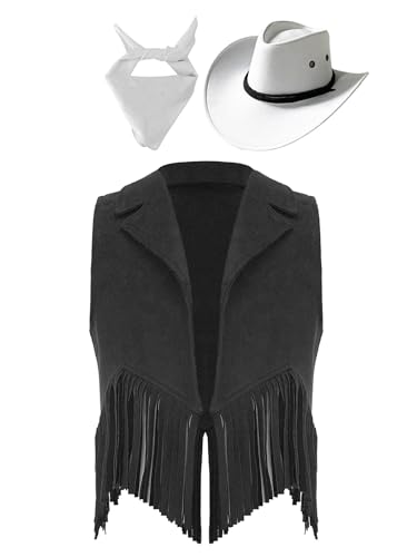 Vxuxlje S S Hippie Kostüm Set Kinder Junge Mädchen Wildleder Fransen Weste Schal Western Hut Indianer Kostüm Schwarz Weiß 170 Vxuxlje S S Hippie Kostüm Set Kinder Junge Mädchen Wildleder Fransen Weste Schal Western Hut Indianer Kostüm Schwarz Weiß 170 von Vxuxlje