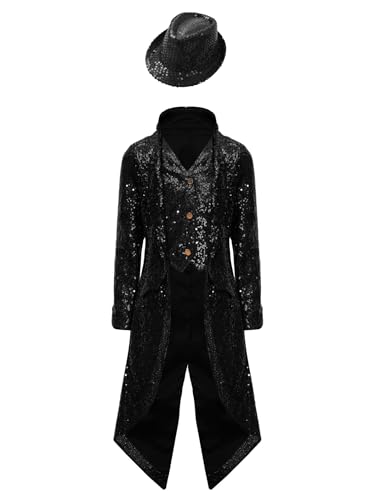 Vxuxlje Steampunk Halloween Kostüm Kinder Frack Jacke Und Melonenhut Mittelalter Gothic Vampir Viktorianisch Mit Pailletten Karnevalskostüme Feste Schwarz 158-164 Vxuxlje Steampunk Halloween Kostüm Kinder Frack Jacke Und Melonenhut Mittelalter Gothic Vampir Viktorianisch Mit Pailletten Karnevalskostüme Feste Schwarz 158-164 von Vxuxlje