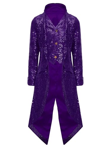Vxuxlje Steampunk Kinder Langer Pailletten Mantel Vintage Gothic Gehrock Mittelalter Kostüm Viktorianische Jacke Halloween Rollenspiel Kostüm Lila 134-140 von Vxuxlje