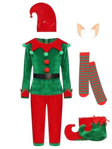 Vxuxlje Weihnachtselfenkostüm Für Kinder Langer Samtpullover Mit Weihnachtshose Elfohrenhut Socken Schuhe Gürtel Teiliges Set Grün 92-98 von Vxuxlje