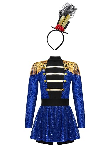 Vxuxlje Zirkus Künstler Kostüm Kinder Mädchen Dompteur Outfit Pailletten Glitzer Overall Fransen Quasten Overall Mit Hut Für Karneval Blau 158-164 von Vxuxlje