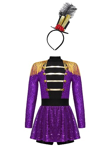 Vxuxlje Zirkus Künstler Kostüm Kinder Mädchen Dompteur Outfit Pailletten Glitzer Overall Fransen Quasten Overall Mit Hut Für Karneval Lila 146-152 von Vxuxlje