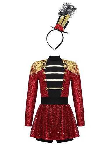 Vxuxlje Zirkus Künstler Kostüm Kinder Mädchen Dompteur Outfit Pailletten Glitzer Overall Fransen Quasten Overall Mit Hut Für Karneval Rot 146-152 von Vxuxlje