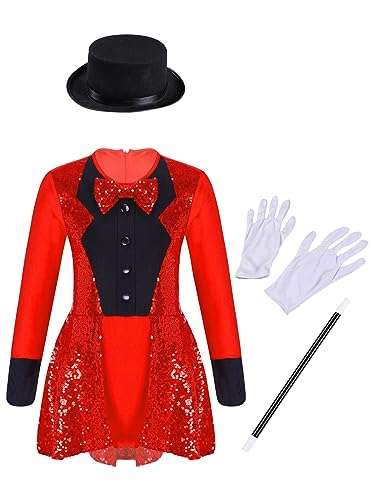 Vxuxlje Zirkuskostüm Für Kinder Mädchen Zauberer Kostüm Langarm Pailletten Glitzer Tanzkleid Patchwork Bodycon Mit Hut Handschuhen Zauberstab Rot 146-152 von Vxuxlje