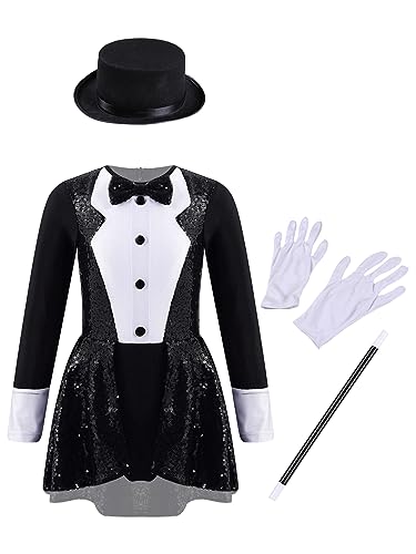 Vxuxlje Zirkuskostüm Für Kinder Mädchen Zauberer Kostüm Langarm Pailletten Glitzer Tanzkleid Patchwork Bodycon Mit Hut Handschuhen Zauberstab Schwarz 158-164 von Vxuxlje