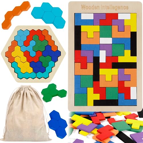Vyndicca Montessori Spielzeug ab 3 4 5 Jahre,2 in 1 Holz Tangram Puzzle Set,Hölzernes Sechseck-Puzzle Tetris Spiel Kinder,Geschenk für Jungen und Mädchen von Vyndicca
