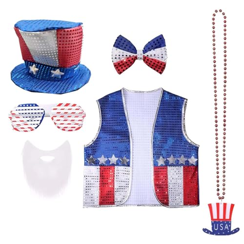 Vynetra 6-teiliges Kostüm-Set für den 4. Juli mit US-Flaggen mit Hut, Weste, Brille und Bartschleife für Partys, patriotisches Zubehör Vynetra 6-teiliges Kostüm-Set für den 4. Juli mit US-Flaggen mit Hut, Weste, Brille und Bartschleife für Partys, patriotisches Zubehör von Vynetra