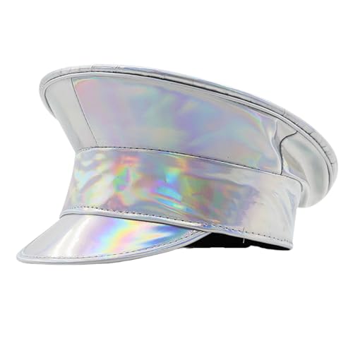 Vynetra Schimmernder PU-Leder-Marine-Hut für Damen, Cosplay-Party, flache Oberseite, Kapitänskappen für Bühnenshow, Junggesellinnenabschied, modisches Accessoire von Vynetra