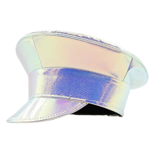 Vynetra Schimmernder PU-Leder-Marine-Hut für Damen, Cosplay-Party, flache Oberseite, Kapitänskappen für Bühnenshow, Junggesellinnenabschied, modisches Accessoire von Vynetra