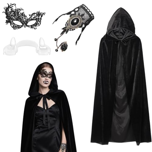 Vyrthalis Schwarzer Umhang mit Kapuze Set, 140cm Samt Umhang mit Kapuze Umhang, Halloween Kostüm Damen Schwarzer Umhang mit Maske Set, für Karneval Fasching Partys Maskerade Kostüme Feierlichkeiten von Vyrthalis