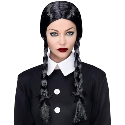 W WIDMANN MILANO Party Fashion, Perücke Dark Girl, fesselnder Gothic-Stil, elegante Zöpfe, rotes Band, pflegeleicht, vielseitig, bequem, hochwertiges Accessoire von W WIDMANN MILANO Party Fashion