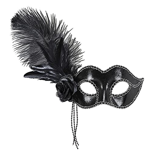 W WIDMANN MILANO Party Fashion, glänzende schwarze venezianische Maske, raffinierte Details mit Rosen und Perlen, bequeme Einheitsgröße, elegante Federn, perfekt für Karneval und Themenabende von W WIDMANN MILANO Party Fashion