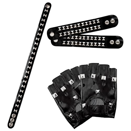 Widmann Biker Rocker Punker Set mit Nieten - Schwarz - Accessoire Zubehör Kostüm Halsband Handschuhe Armband Fasching Mottoparty von WIDMANN