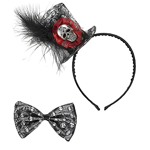 Widmann 04142 - Haarreif mit Mini Hut und Fliege, Federn und Totenkopf, Metallic Look, Hut, Kopfschmuck, Halsschmuck, Vampir, Halloween Widmann 04142 - Haarreif mit Mini Hut und Fliege, Federn und Totenkopf, Metallic Look, Hut, Kopfschmuck, Halsschmuck, Vampir, Halloween von W WIDMANN MILANO Party Fashion