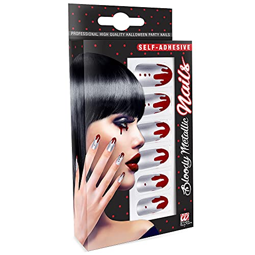 W WIDMANN MILANO Party Fashion 05361 - Fingernägel Set Silber Metallic mit Blut, 12 Stück, selbstklebend, Accessoire, Karneval, Mottoparty, Halloween von Widmann