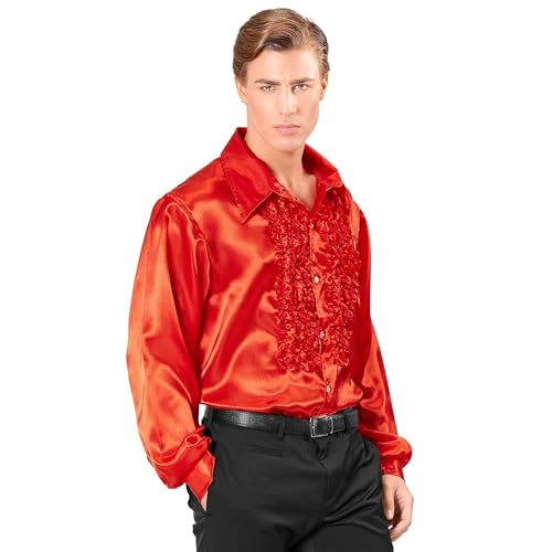 W WIDMANN MILANO Party Fashion, rote Satinbluse mit Rüschen im Retro-Stil der 70er Jahre, 100% Polyester, leicht und bequem, pflegeleicht, Größe XL, perfekt für Themenpartys von WIDMANN