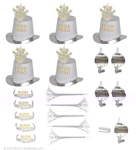 Widmann 8008W- Party-Set Buon Anno, Silber, Set aus 5 Partyhüten, 5 Kronen, 5 Partytrompeten, 5 Tröten und 1 Pack Luftschlangen, Italienisch, Silvester, Hut, Kopfschmuck, Accessoire, Mottoparty Widmann 8008W- Party-Set Buon Anno, Silber, Set aus 5 Partyhüten, 5 Kronen, 5 Partytrompeten, 5 Tröten und 1 Pack Luftschlangen, Italienisch, Silvester, Hut, Kopfschmuck, Accessoire, Mottoparty von W WIDMANN MILANO Party Fashion
