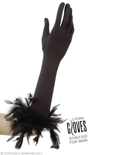 "BLACK LONG ELASTANE GLOVES WITH FEATHER TRIM" 40 cm - suitable also for man - (One Size Fits Most Adult) von WIDMANN