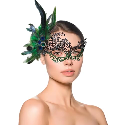 W.Sealet Spitzen-Maskerade-Maske für Damen, venezianische Maske mit buntem Strass und abnehmbarer Pfauenfeder, verstellbares Gummiband für Partys, Bälle, Cosplay, Hochzeiten, Halloween, Grün W.Sealet Spitzen-Maskerade-Maske für Damen, venezianische Maske mit buntem Strass und abnehmbarer Pfauenfeder, verstellbares Gummiband für Partys, Bälle, Cosplay, Hochzeiten, Halloween, Grün von W.Sealet