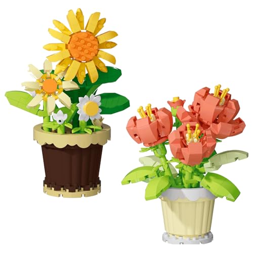 WACH AUF 2 Stück Mini Blumen Bausteine Set 214 Pcs + 279 Pcs Pflanzen Simulation Botanisches Set Klein Topf Pflanze Partikel Blume Botanische Flowers Ziegel (Sonnenblumen + Pfingstrose) von WACH AUF