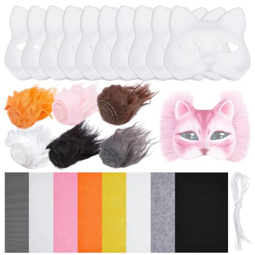 WADORN DIY Therian Masken Kit, 32 Stück DIY Materialset Für Therian Katzenmaske Mit Superweichem Filzstoffblatt Plüsch Kunstfell Augennetz 10 Weiße Katzenmasken Sets Für Karnevals Maskenball Cosplay von WADORN