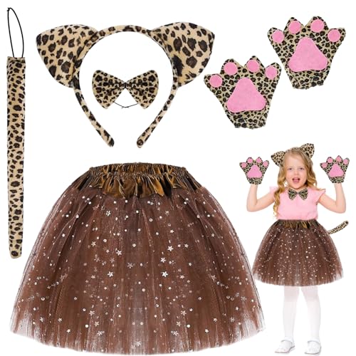 WAIMXDAO 5 Stück Kostüm Katze Mädchen, Kostüm Katze Kinder Leoparden Katzenohren Haarreif Tutu Rock Leopard Katze Tierkleid Cosplay, Party Kostüm Set für Kinder von WAIMXDAO