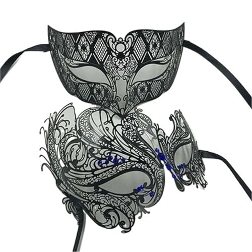 WAJJWI 2 Stück Metall filigrane Paar venezianische Partymaske Hochzeit Ball Maske Maskerade Kostüm Masker Set für Kostüm(Black Blue Diamond) von WAJJWI