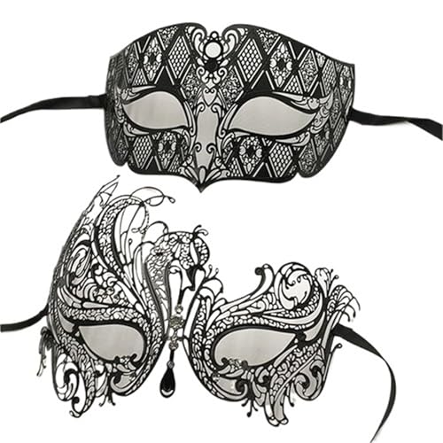 WAJJWI 2 Stück Metall filigrane Paar venezianische Partymaske Hochzeit Ball Maske Maskerade Kostüm Masker Set für Kostüm(Black Clear Diamond) von WAJJWI