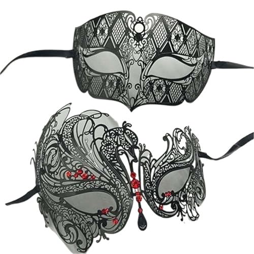 WAJJWI 2 Stück Metall filigrane Paar venezianische Partymaske Hochzeit Ball Maske Maskerade Kostüm Masker Set für Kostüm(Black Red Diamond) von WAJJWI