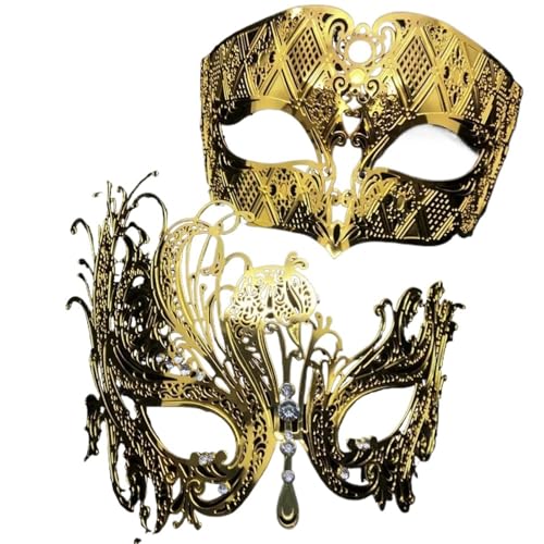 WAJJWI 2 Stück Metall filigrane Paar venezianische Partymaske Hochzeit Ball Maske Maskerade Kostüm Masker Set für Kostüm(Gold) von WAJJWI