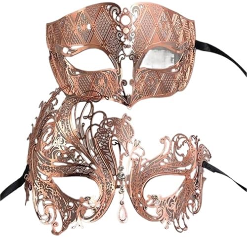 WAJJWI 2 Stück Metall filigrane Paar venezianische Partymaske Hochzeit Ball Maske Maskerade Kostüm Masker Set für Kostüm(Rose Gold) von WAJJWI