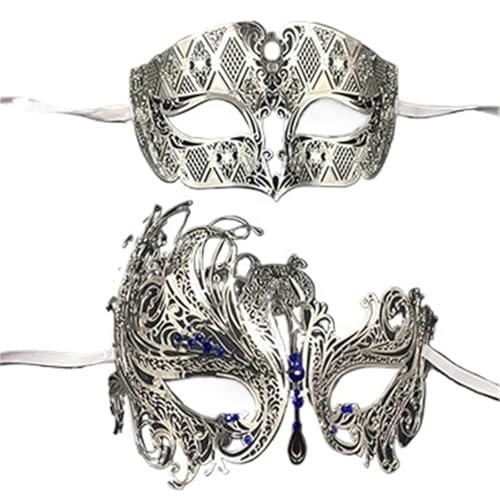 WAJJWI 2 Stück Metall filigrane Paar venezianische Partymaske Hochzeit Ball Maske Maskerade Kostüm Masker Set für Kostüm(Silver Blue Diamond) von WAJJWI