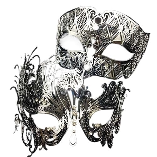 WAJJWI 2 Stück Metall filigrane Paar venezianische Partymaske Hochzeit Ball Maske Maskerade Kostüm Masker Set für Kostüm(Silver Clear Diamond) von WAJJWI