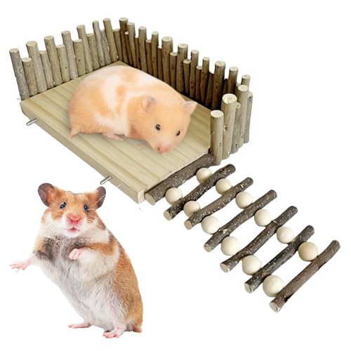 WANDGU Hamsterplattform Kletterzubehör: 1 Stück Hamster Holzplattform Mit Kletterleiter, Spiel- Und Schlafplatz Für Nagetiere, Mit Sicherheitszaun Für Mehr Schutz (22x15x7cm, Holzfarbe) von WANDGU