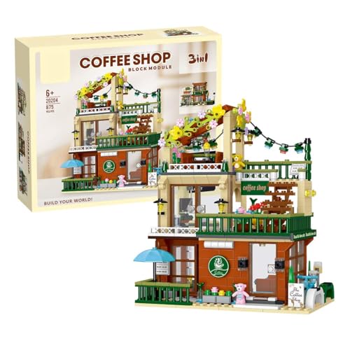 WANENGEDIY 3-in-1 Café-Baustein-Set mit Beleuchtung, Modulares Straßenansicht-Architekturmodell für Erwachsene, DIY Kaffeehaus Display Kit, 875 Teile von WANENGEDIY