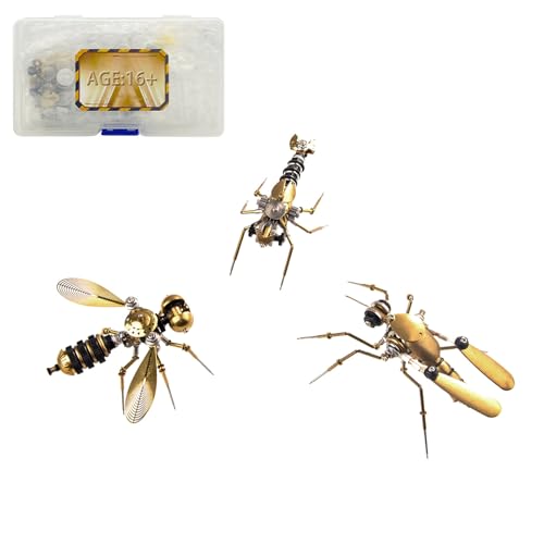 WANENGEDIY 3D Metall Puzzle Insekt, 270+ Teile DIY-Montage Steampunk 3D Mechanische Puzzle Modellbausatz mit Werkzeugen, Wohndeko Adventskalender 2025 Geschenke (Mücke + Ohrwurm + Biene) von WANENGEDIY