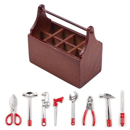 WANGCL Puppenhaus-Werkzeugkasten mit 8 Mini-Werkzeugen 1:12, Puppenhaus-Zubehör, Kunstharz, Mini-Werkzeugkasten, dekorative Ornamente von WANGCL