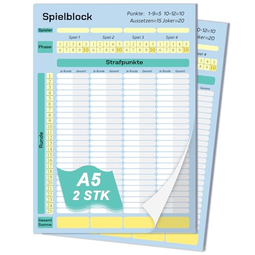 WANGDEFA 2 Stück Phase 10 Kartenspiel Block Wertungsblatt Block Übersichtliches Design der Phasen A5 Format Wertungsblock 14.8 * 21cm Für Kinder geeignet Familienspie (A5(14.8x21cm)) von WANGDEFA