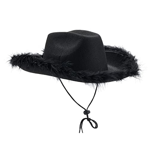 WANGSAURA Damen-Cowboyhut mit breiter Krempe, flauschige Feder, Cowgirl-Hut, Mädchenmütze, Kopfbedeckung, ausgefallenes Urlaubsparty-Kostümzubehör (schwarz, 32 x 42 x 18 cm), Einheitsgröße von WANGSAURA