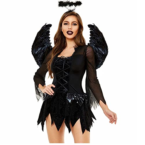 WANGTIANXUE Karneval Kostüm Damen, Faschingskostüme Damen, Mittelalter Kleidung Damen, Halloween Kostüm Damen, Damen Halloween Cosplay Winged Black Angel Kostüm Kurzarm Kleid von WANGTIANXUE